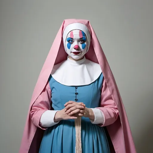 Prompt: handmaiden nun handmaids tale clown pink white and blue discipline

