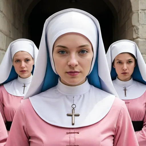 Prompt: handmaiden nun handmaids tale pink white and blue discipline

