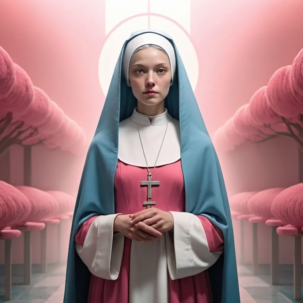 Prompt: handmaiden nun handmaids tale pink white and blue discipline

