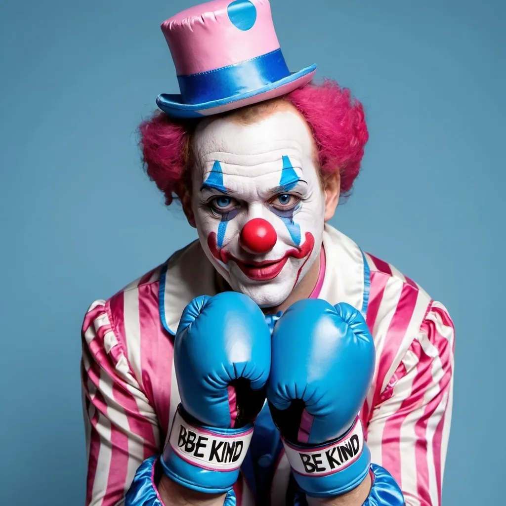 Prompt: clown with boxing gloves in blue, white and pink colours with be kind on gloves
