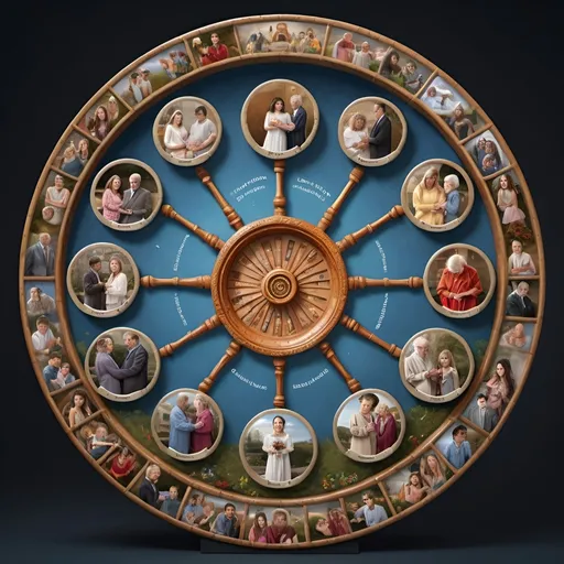 Prompt: photorealistic (hyper-realistic) depiction of the Wheel of Life, showcasing the journey of a person, detailed stages: + fetus in the womb, + baby, + toddler, + teenager, + child at school, + person at work, + person getting married, + person at age 50, + elderly person with cane, + person in a coffin, + gravestone, + cosmos in the background, vibrant colors, high contrast, emotionally reflective, ultra-detailed, 4K quality.