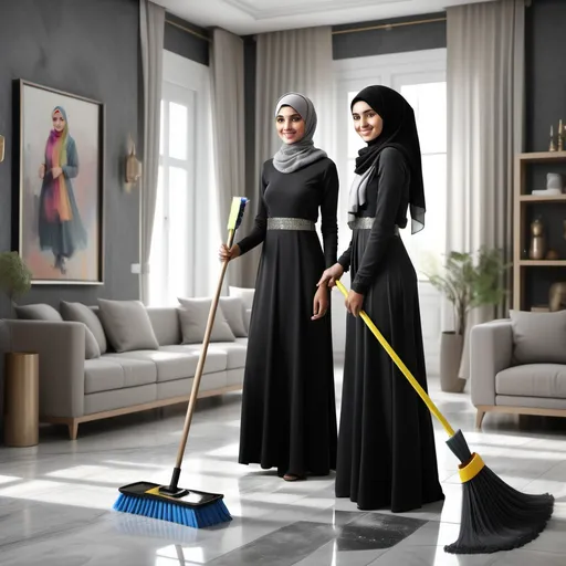 Prompt: (photorealistic image), beautiful Muslim woman with a charming young girl, wearing colorful hijabs, dressed in elegant long black dresses with a shimmer, holding a broom while cleaning, inside a stylish home, (modern) interior with striking gray tones, bright and inviting atmosphere, focus on details, in full view, (3D), ultra-detailed, high-quality, warm lighting