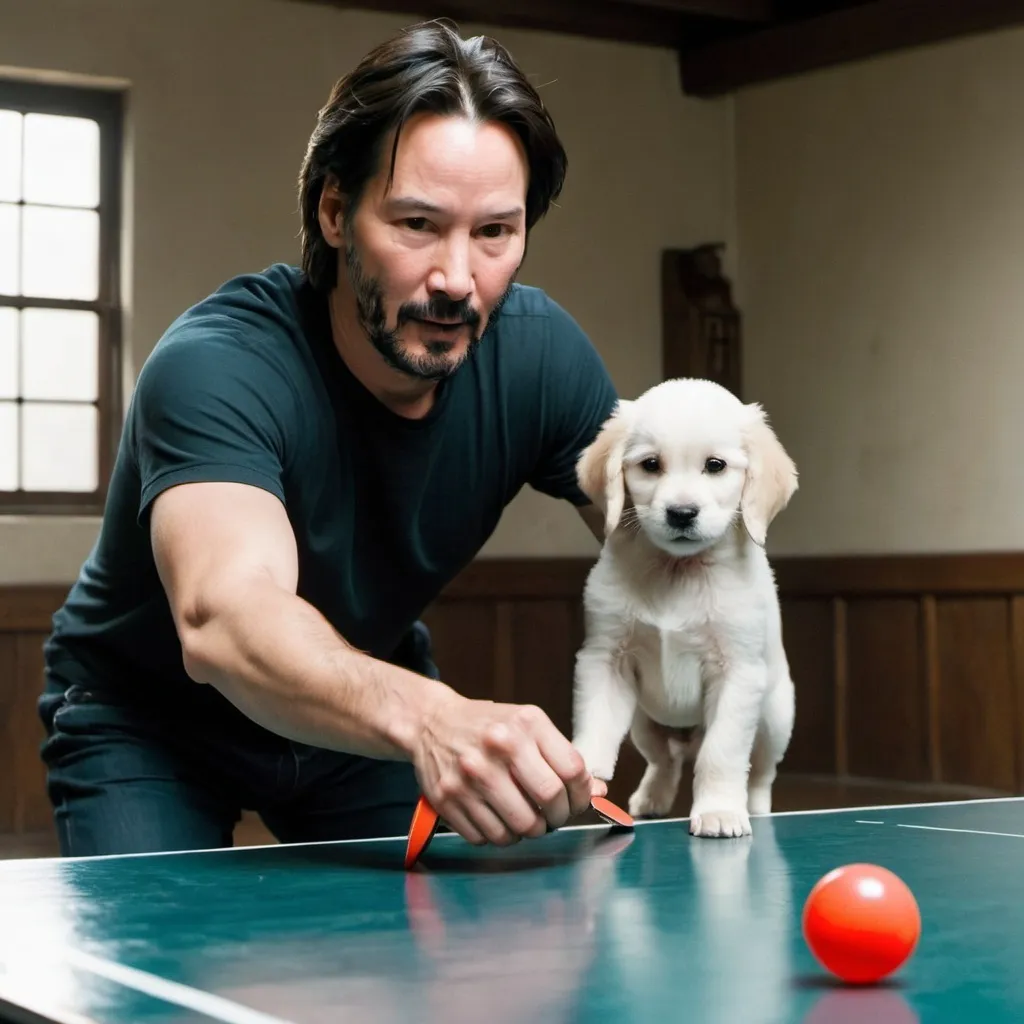 Prompt: Keanu reeves playing ping pong . In his hand  there is a little puppy