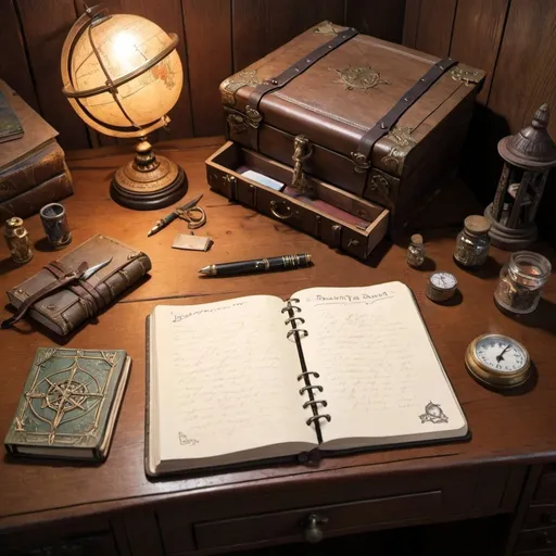 Prompt: The Desktop of a desk that fantasy adventurer would journal on.

