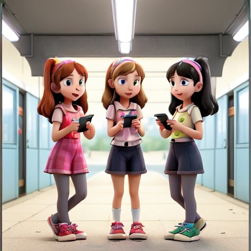 Prompt: three girls entertain themselves with mobile phones in public underground vagoon