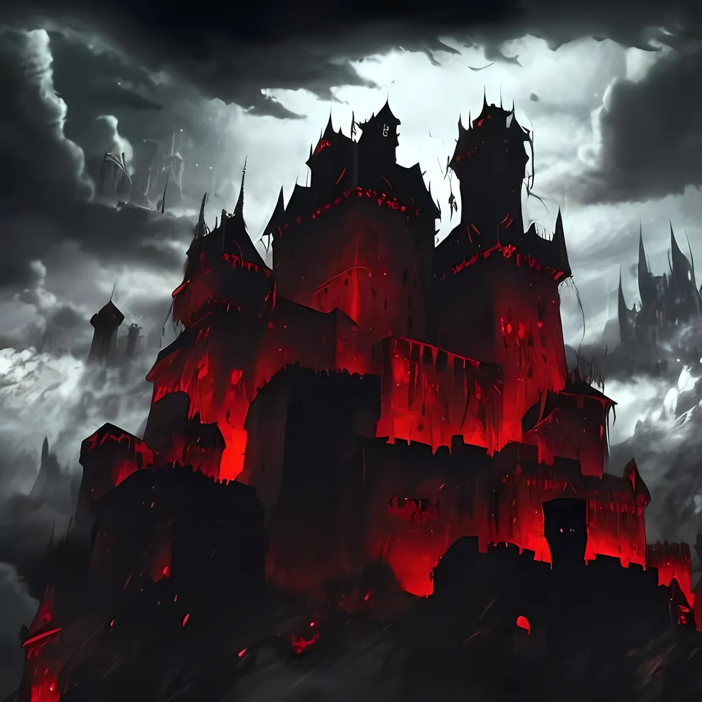 Prompt: Dramatic vampire castle surrounded by clouds raining blood Dead people are impaled on stakes all around the castle. A moat full of blood surrounds the castle. Ominous mountains in the background. Realistic anime style.