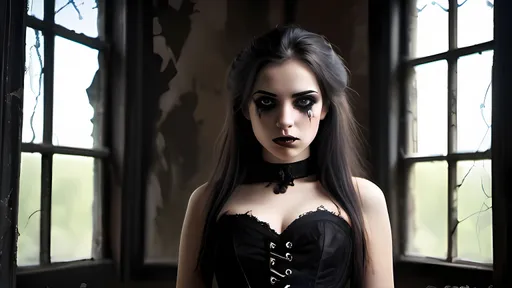 Prompt: A haunting image of a female vampire adorned in a black lace corset, staring pensively out of a broken window in a derelict haunted mansion. The background is a blur of desolation, with remnants of grandeur and ghostly whispers. Created Using: soft focus, blurred background, sharp foreground, intricate lace detail, melancholic expression, shattered glass texture, hints of decay in the mansion, dim lighting with focal point on her face, hd quality, natural look