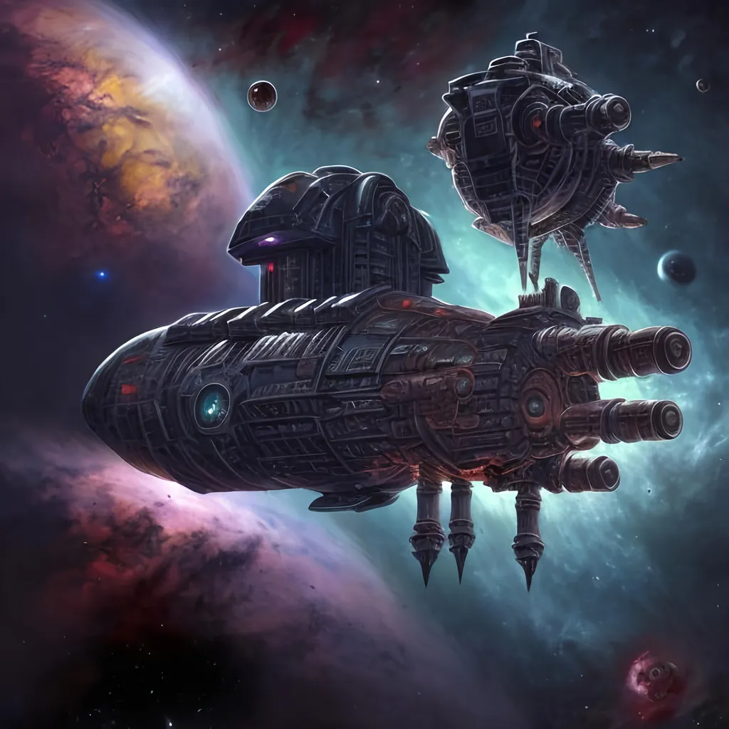 Prompt: Giant dead Warhammer spacehulk spaceship floating in empty space with a deathly nebula in the background
