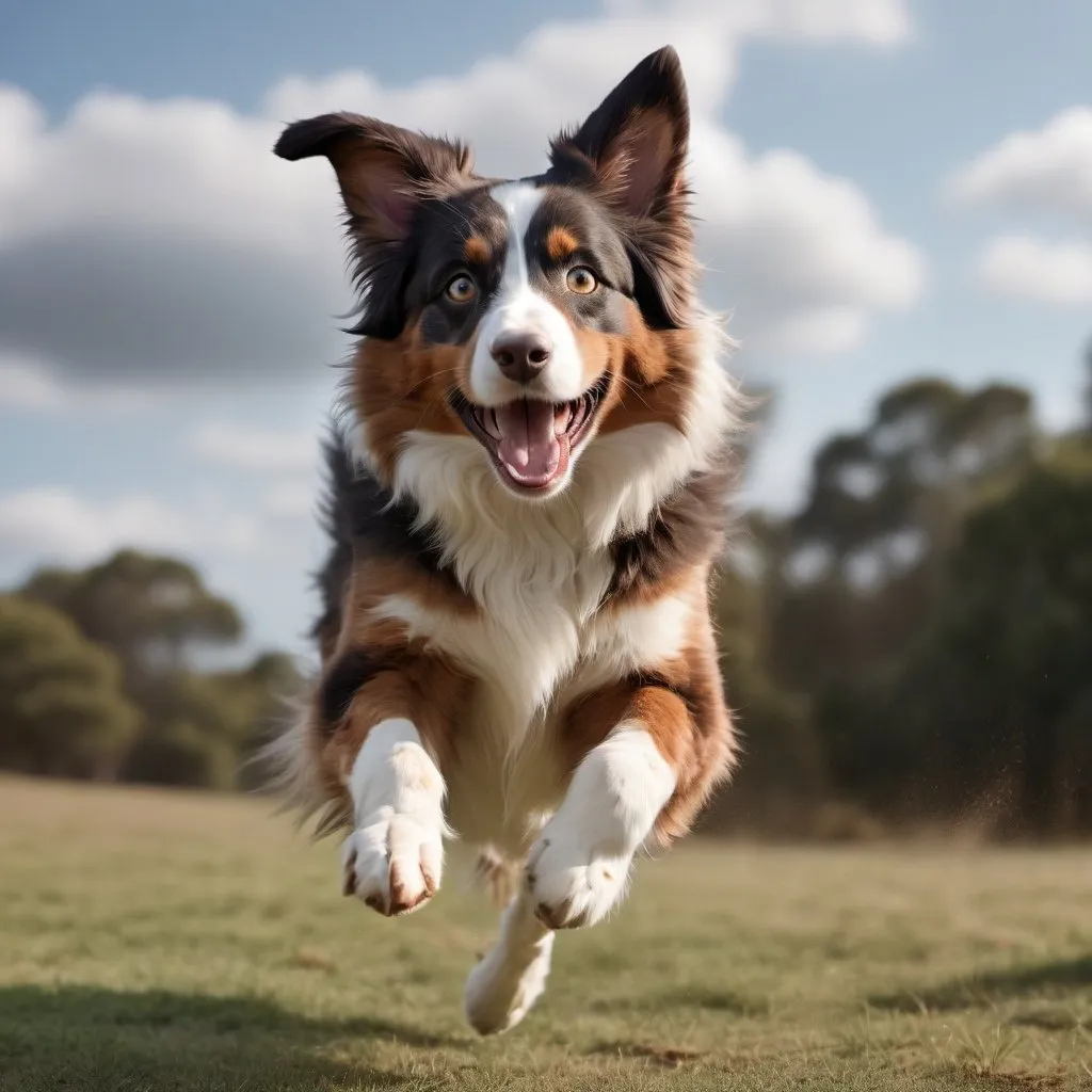 Prompt: "... portrait, ultra photorealistic, friendly expression, Australian Shephard jumping for joy, cinematic lighting, highly detailed, sharp focus, 8k, professional portrait photograph style"
