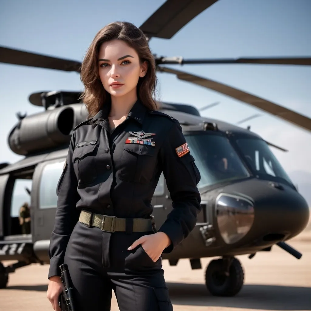 Prompt: "ultra photorealistic, alluring expression, young woman, beautifully endowed, revealing all black military uniform standing next to a Black Hawk helicopter, cinematic lighting, highly detailed, sharp focus, 8k, professional portrait photograph style"