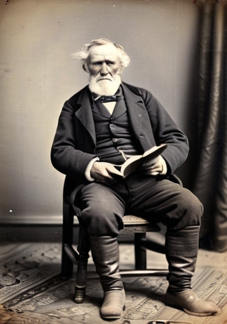 Prompt: An old man from 1820 holding a book in a photo that looks very low qaulity and was taken in 1820