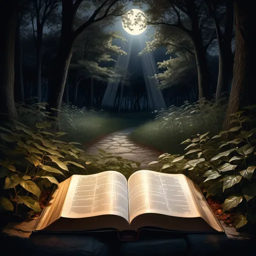 Prompt: (open holy bible, illuminated, resting on a clear natural path, nighttime setting, surrounded by dark foliage, (realism style), deep shadows, vibrant highlights casting a warm glow, ethereal ambiance, soft moonlight filtering through trees, (high detail), serene and contemplative mood, capturing a moment of reflection in nature's embrace)