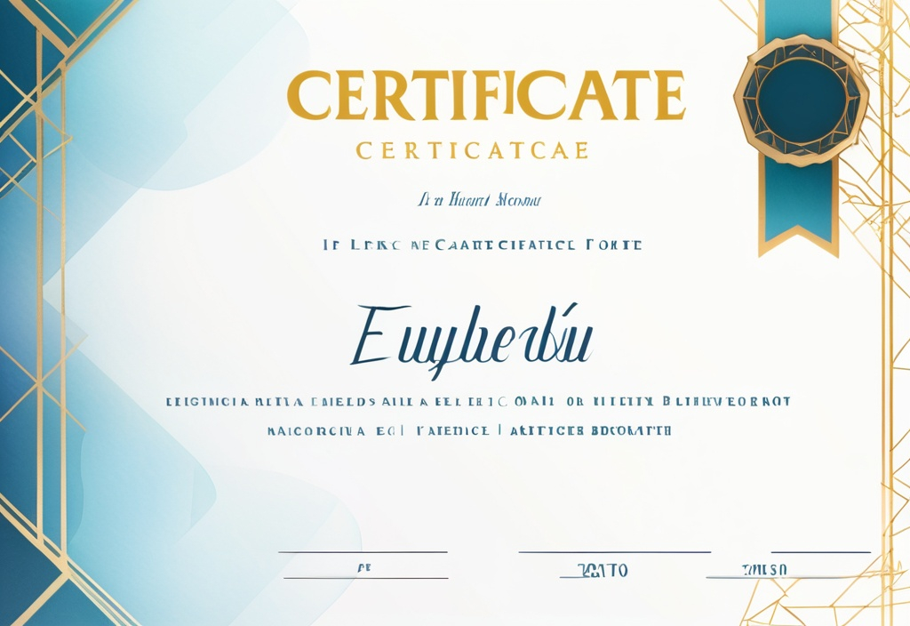 Prompt: a blank certificate with a small ocean blue and gold geometric background