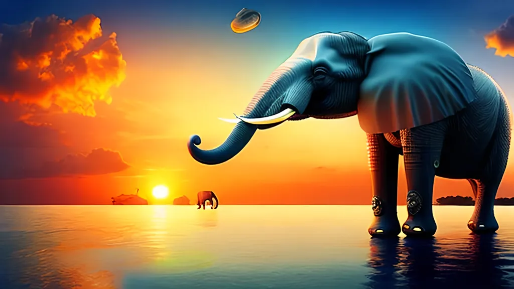 Prompt: sea panorama with an elephant in the sky, sunset