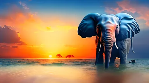 Prompt: sea panorama with an elephant in the sky, sunset