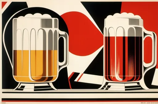 Prompt: 1930 advertising illustration of a beer.
Style futurism bauhaus 30s. Colors white red black.