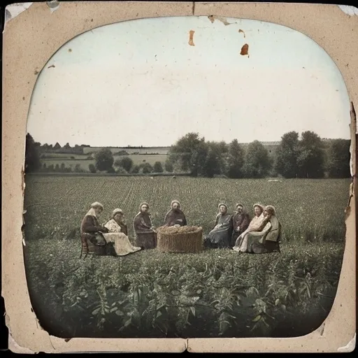 Prompt: Damaged and aged photograph from the early 1900s, depicting a large Italian peasant family gathered in a field, all focused on watching a vintage television set placed among the crops. The family, dressed in worn, traditional rural clothing, sits on the ground in curiosity