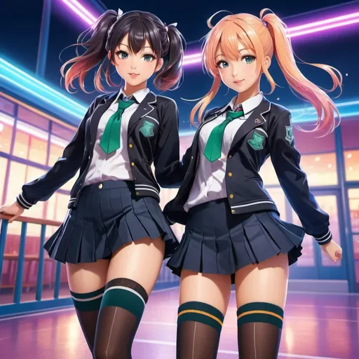 Prompt: illustration of two confident 18 year old girls, anime, school girl outfits, thigh-high stockings, playful attitude, vibrant and colorful, high-energy, anime, high school setting, confident expressions, detailed eyes, trendy fashion, artistic, dynamic posing, anime style, neon lighting, best quality, highres, lively atmosphere