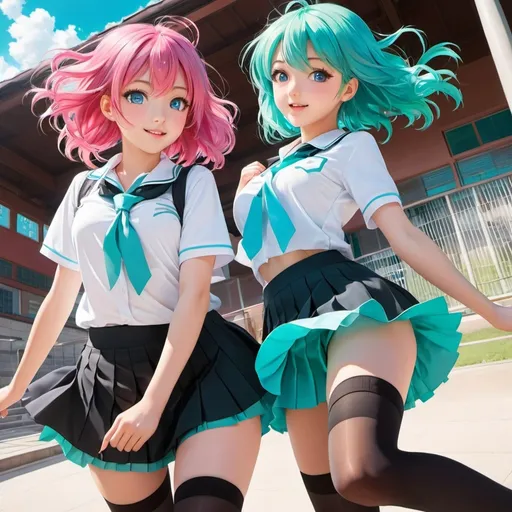 Prompt: Dynamic illustration of two 18 year old women, pink-haired with pink eyes, aqua-haired with aqua eyes, white school shirts, black short school skirts, black thigh-high stockings, lively atmosphere, dynamic posing, flowing skirts, flared skirts, anime, high school, vibrant colors, energetic, lively atmosphere