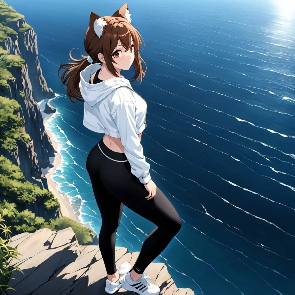 Prompt: Anime illustration of a detailed curvy girl with cat ears and tail, full body view, brown hair and eyes, black crop top, white jacket, black yoga pants, white sports shoes, view off a cliff over the ocean, detailed hair and eyes, full character in view, highres, ultra-detailed, anime, detailed body, ocean view, professional, atmospheric lighting