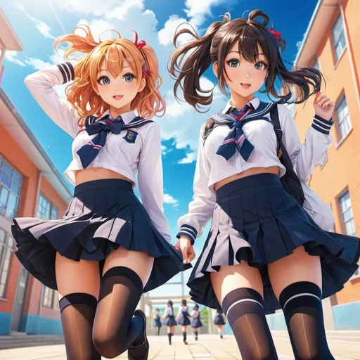 Prompt: illustration of two confident 18 year old women's, anime, school girl outfits, thigh-high stockings, playful attitude, vibrant and colorful, high-energy, anime, high school setting, confident expressions, detailed eyes, trendy fashion, artistic, dynamic posing, anime style, best quality, highres, lively atmosphere, flowing and flared skirts