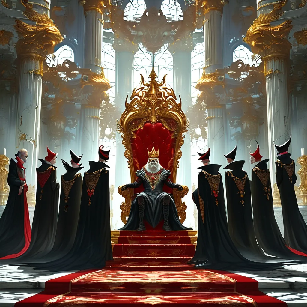 Prompt: Scene: A grand, opulent palace interior with tall marble columns and a large, gilded throne at the center. The king, dressed in regal attire, is seated on the throne, surrounded by his sly and scheming advisors, who wear dark, elaborate robes. Their expressions are devious, whispering to the king. The king’s face shows hesitation as he listens to their plan.