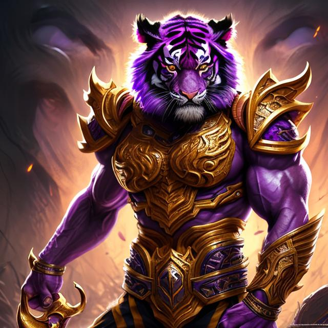 Prompt: a splash art of lsu themed tiger war ready with war background, battle beat skin, powerful purple and gold eyes, beautiful intricate lsu colored hair, symmetrical, alpha eyes, battle background ,soft lighting, detailed face, alpha body by  lau, wlop, rossdraws, concept art, digital painting