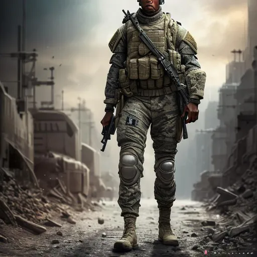 Prompt: Full body Portrait of military soldier perfect composition, hyperrealistic, super detailed, 8k, high quality, trending art, trending on artstation, sharp focus, studio photo, intricate details, highly detailed,