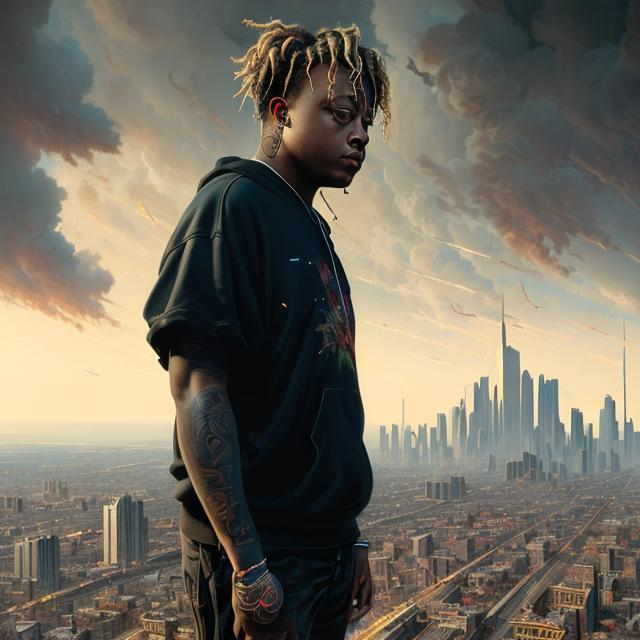 Prompt: Full body Portrait of (juice wrld), (music}, perfect composition, hyperrealistic, super detailed, 8k, high quality, trending art, trending on artstation, sharp focus, studio photo, intricate details, highly detailed, by greg rutkowski