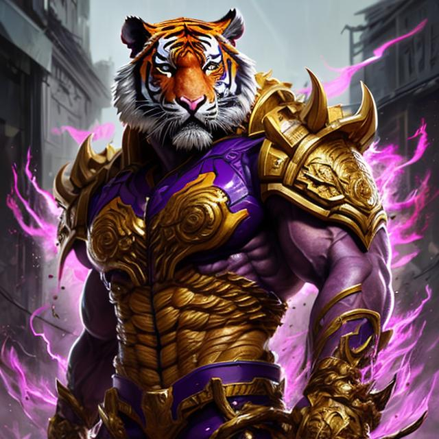 Prompt: a splash art of lsu themed tiger war ready with war background, battle beat skin, powerful purple and gold eyes, beautiful intricate lsu colored hair, symmetrical, alpha eyes, battle background ,soft lighting, detailed face, by makoto shinkai, stanley artgerm lau, wlop, rossdraws, concept art, digital painting