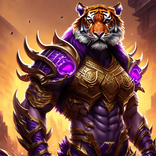 Prompt: a splash art of lsu themed tiger war ready with war background, battle beat skin, powerful purple and gold eyes, beautiful intricate lsu colored hair, symmetrical, alpha eyes, battle background ,soft lighting, detailed face, alpha body by  lau, wlop, rossdraws, concept art, digital painting