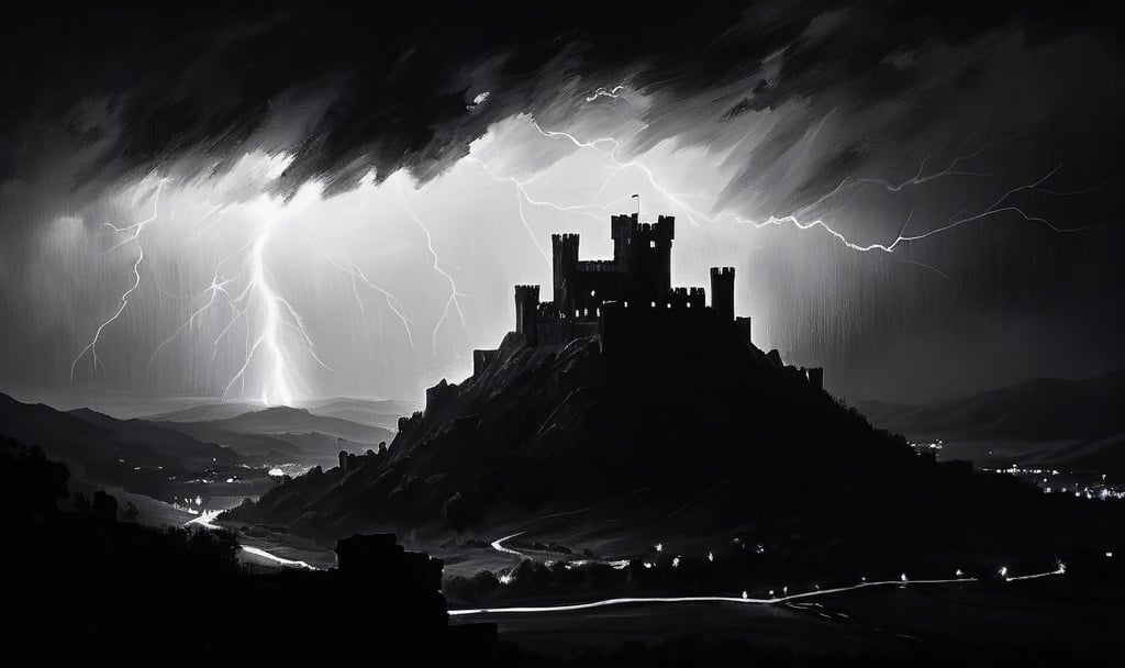 Prompt: Vague silhouette of a dark castle overlooking a valley revealed by a flash of lightning behind it during a heavy storm. Very dark night. Perspective almost blinded by rain in the foreground. Mostly black and white. Oil painting.