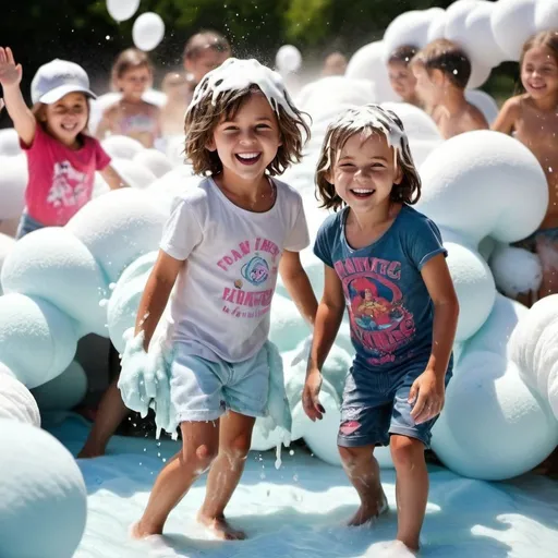 Prompt: foam party for kids in clothes