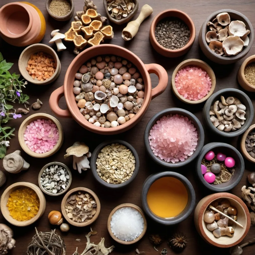 Prompt: An image of pots containing natural remedies like clay, honey, citrus, bark, herbs, mushrooms, pearls, quartz crystals, pink rock salt, grains and seeds with multiple colours