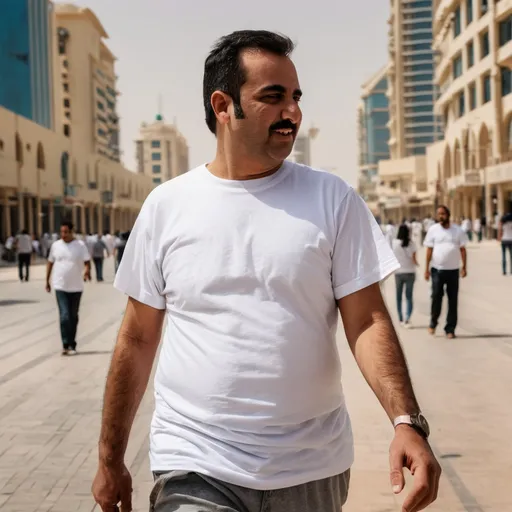 Prompt: a man walking in a downtown Kuwait city wearing white tshirt