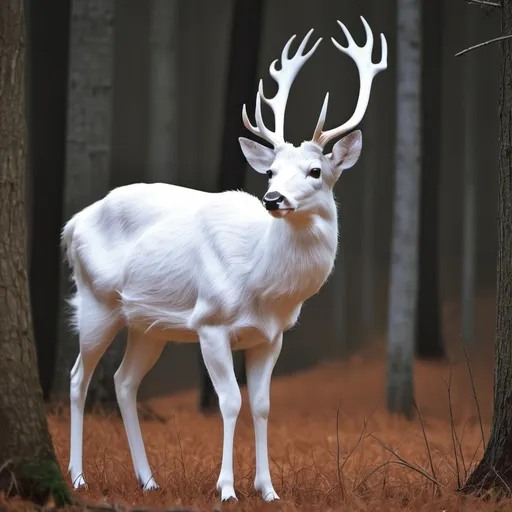 Prompt: make me a albino
 deer that has gigantic  antlers that are fuzzy

