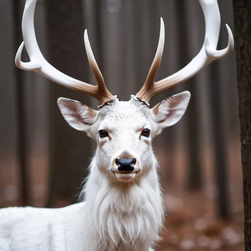 Prompt: make me a albino
 deer that has gigantic  antlers that are fuzzy

