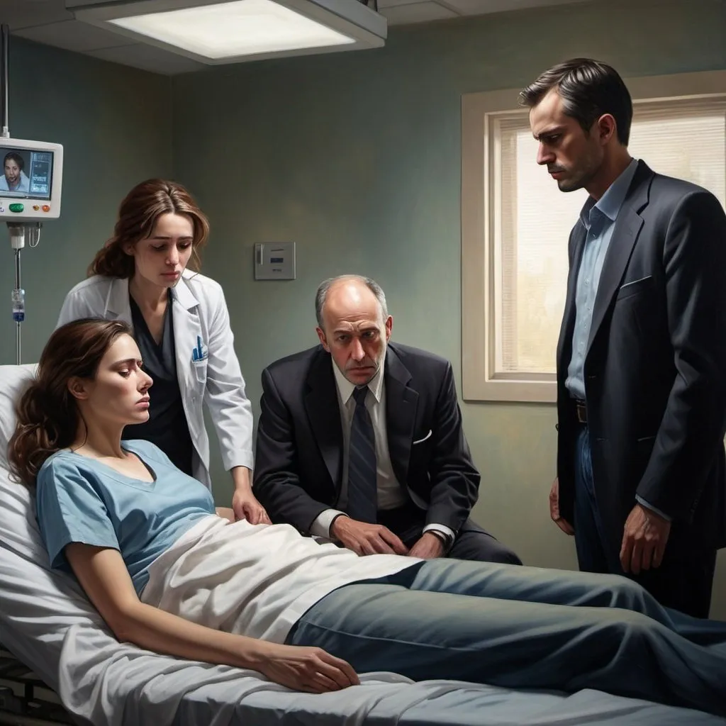 Prompt: a photo of a wounded patient in a hospital bed, with three visitors, a man in a suit, a man in jeans and t-shirt, and a woman, realistic oil painting, somber atmosphere, warm lighting, detailed facial expressions, high quality, emotional, realistic, hospital setting, detailed clothing, concerned expressions, comforting presence