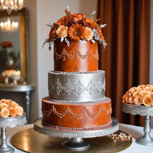 Prompt: Extra large beautiful rust colored and silver five layers, with decorations on cake, sitting on a silver cake stand, on a clear gold table! 