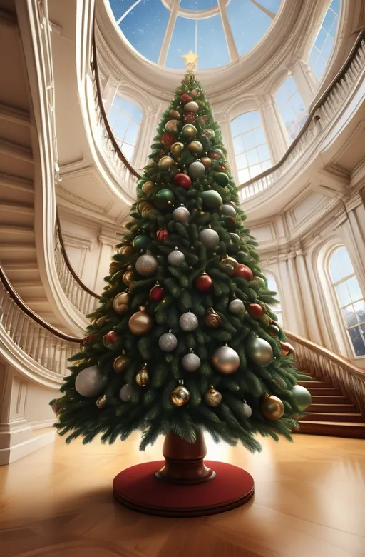 Prompt: (photorealistic) Christmas tree adorned with ornaments, sparkling lights, nestled in a grand building, spiral staircase elegantly winding in the background, large circular window filtering warm ambient light, rich textures emphasizing festive cheer, (Ernest William Christmas style), ultra-detailed, physically based rendering, woodcut art aesthetic, capturing a cozy and inviting atmosphere, holiday spirit radiating throughout the scene.