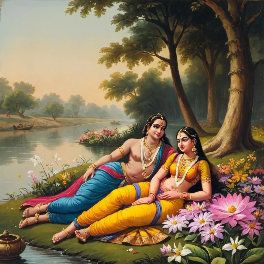 Prompt: Rama and Sita lying on a flower bed at the bank of a river