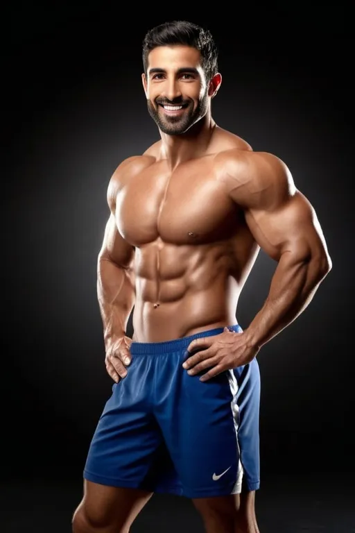 Prompt: Photorealistic full body image of an athletic muscular Arab-Spanish male fitness model using the body of the image attached with short light beard, very detailed facial expression, kind looks and slightly smiling, short hair, in his early 30's, hairy chest, light hairy abs, hairy forearms, masculine, high quality, detailed muscles wearing black male thong. Strong defined pectoral muscles, strong legs and strong calves. endomorph body constitution. 12% body fat.

The backdrop is a studio set in a dark background with lighting. Lens: 24mm. Type: wide-angle utilizing settings that promise a clear, yet softly blurred background—ƒ/1.4, 85mm focal length, with an exposure of 1/800 and ISO set at 200. Ensuring the subject remains the focal point. The lighting and composition should echo the quality and intention of a high quality professional portrait, blending authenticity and ultra high quality resolution. Angle: eye level.
