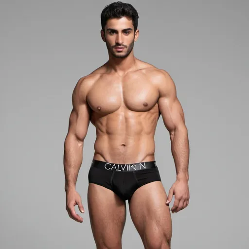 Prompt: male fitness arab type model in black calvin klein type briefs
