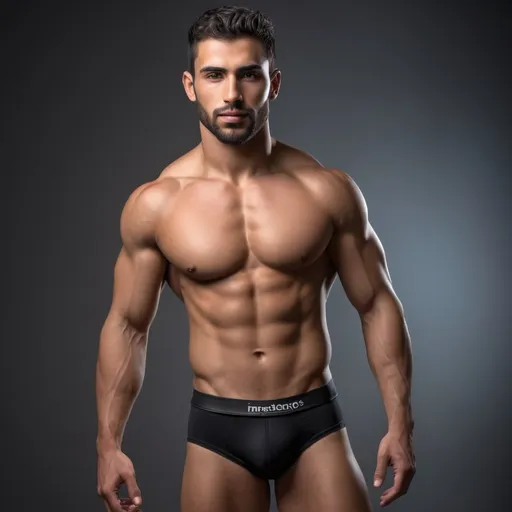 Prompt: Photorealistic image of the entire body from head to toes of an Arabic-Spaniard type male fitness hunk model with 9% body fat wearing tight black diver competition briefs, his body constitution is a mesomorph athletic body, detailed muscles, strong legs and strong calves, detailed facial features HDR, high-quality, kind slightly smle expression with light beard, dramatic lighting, high resolution, HDR lighting. 

The backdrop is a studio set in a dark background with dramatic lighting, captured as if through the lens of a professional camera, utilizing settings that promise a clear, yet softly blurred background—ƒ/1.4, 85mm focal length, with an exposure of 1/800 and ISO set at 200. Ensuring the subject remains the focal point. The lighting and composition should echo the quality and intention of a high quality professional portrait, blending authenticity and ultra high quality resolution.


