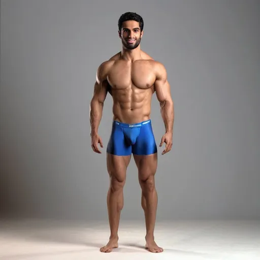 Prompt: Photorealistic image of the entire body of an Arabic type male fitness hunk model with 9% body fat wearing tight blue thong, his body constitution is a mesomorph athletic body, detailed muscles, strong legs and strong calves, detailed facial features HDR, high-quality, kind slightly smle expression with light beard, dramatic lighting, high resolution, HDR lighting. 

The backdrop is a studio set in a dark background with dramatic lighting, captured as if through the lens of a professional camera, utilizing settings that promise a clear, yet softly blurred background—ƒ/1.4, 85mm focal length, with an exposure of 1/800 and ISO set at 200. Ensuring the subject remains the focal point. The lighting and composition should echo the quality and intention of a high quality professional portrait, blending authenticity and ultra high quality resolution.


