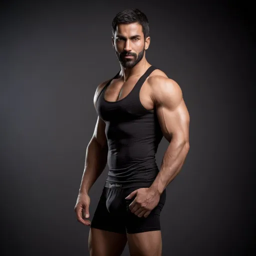 Prompt: Capture an arab type adult male fitness model in his early thirties, in a high quality photorealistic professional photo. He has short hair framing a light bearded face. 

We can see his full body, standing relaxed, he is wearing a black low brief Calvin Klein underwear. We can see detailed muscles, defined pectoral muscles and strong legs

The backdrop is a studio set with dramatic lighting, captured as if through the lens of a professional camera, utilizing settings that promise a clear, yet softly blurred background—ƒ/1.4, 85mm focal length, with an exposure of 1/800 and ISO set at 200. Ensuring the subject remains the focal point. The lighting and composition should echo the quality and intention of a high quality professional portrait, blending authenticity and ultra high quality resolution.