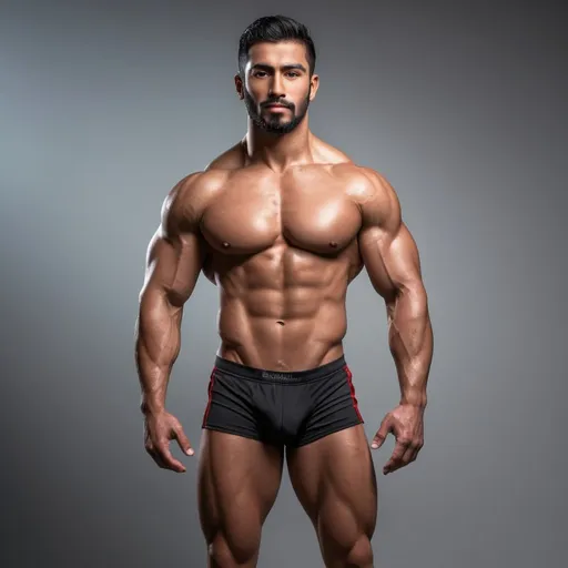 Prompt: Full body photorealistic image of an Arabic Mexican type male fitness model, 9% body fat in tight and red bodybuilder posing briefs,  mesomorph athlete body, detailed muscles, strong legs and strong calves, detailed facial features HDR, high-quality, kind expression with light beard, dramatic lighting,, high resolution, HDR lighting. His body is wet.

The backdrop is a studio set with dramatic lighting, captured as if through the lens of a professional camera, utilizing settings that promise a clear, yet softly blurred background—ƒ/1.4, 85mm focal length, with an exposure of 1/800 and ISO set at 200. Ensuring the subject remains the focal point. The lighting and composition should echo the quality and intention of a high quality professional portrait, blending authenticity and ultra high quality resolution.


