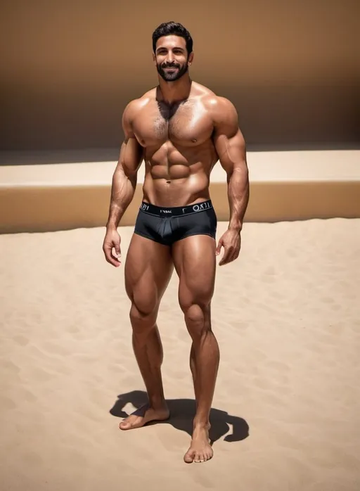 Prompt: Photorealistic image of handsome muscular Arab-Spanish male fitness model using the body of the image attached with short light beard, very detailed facial expression, kind looks and slightly smiling, short hair, light hairy body, in his early 30's, light hairy chest, light hairy abs, hairy forearms, masculine, high quality, detailed muscles wearing black underwear like the picture attached. Strong pectoral muscles, strong legs and strong calves. Athletic body, mesomorph body constitution.

The backdrop is a studio set in a dark background with a dramatic lighting. Lens: 24mm. Type: wide-angle utilizing settings that promise a clear, yet softly blurred background—ƒ/1.4, 85mm focal length, with an exposure of 1/800 and ISO set at 200. Ensuring the subject remains the focal point. The lighting and composition should echo the quality and intention of a high quality professional portrait, blending authenticity and ultra high quality resolution. Angle: eye level. Filter: urban grunge. Time: night. 
