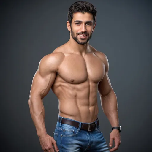 Prompt: Photorealistic image of the entire body from head to toes of an Arabic-Spaniard type male fitness hunk with 9% body fat posing in a blue slim fit polo shirt and jeans. His body constitution is an mesomorph athletic body, detailed muscles, strong pectoral muscles, strong legs and strong calves, highly detailed facial features HDR, high-quality, kind slightly smile expression with light beard, dramatic lighting, high resolution, HDR lighting. 

The backdrop is a studio set in a light background with dramatic lighting, captured as if through the lens of a professional camera, utilizing settings that promise a clear, yet softly blurred background—ƒ/1.4, 85mm focal length, with an exposure of 1/800 and ISO set at 200. Ensuring the subject remains the focal point. The lighting and composition should echo the quality and intention of a high quality professional portrait, blending authenticity and ultra high quality resolution.


