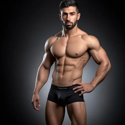 Prompt: Photorealistic image of the entire body from head to toes of an Arabic-Spaniard type male fitness hunk model with 9% body fat wearing tight black diver competition briefs, his body constitution is a ectomorph athletic body, detailed muscles, strong legs and strong calves, detailed facial features HDR, high-quality, kind slightly smle expression with light beard, dramatic lighting, high resolution, HDR lighting. 

The backdrop is a studio set in a dark background with dramatic lighting, captured as if through the lens of a professional camera, utilizing settings that promise a clear, yet softly blurred background—ƒ/1.4, 85mm focal length, with an exposure of 1/800 and ISO set at 200. Ensuring the subject remains the focal point. The lighting and composition should echo the quality and intention of a high quality professional portrait, blending authenticity and ultra high quality resolution.


